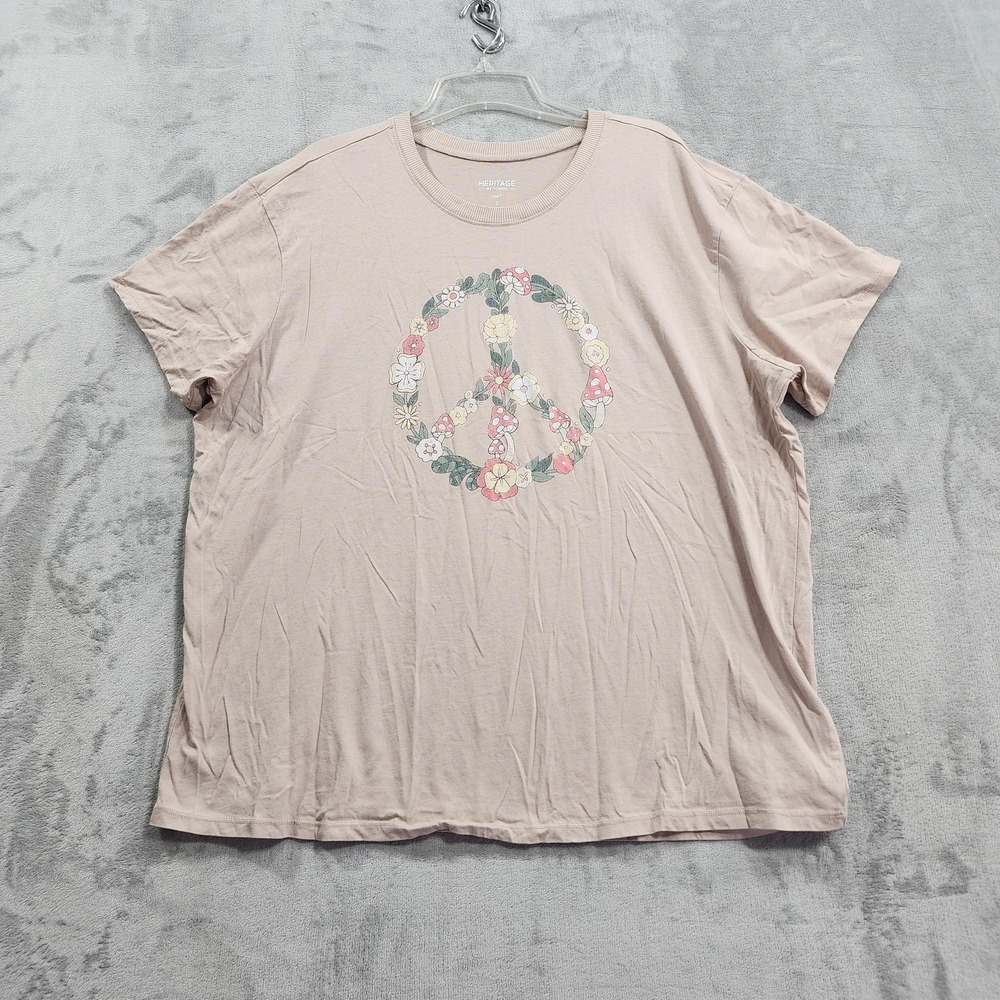 Torrid Shirt Womens 2X Beige Floral Heritage Knit Peace Mushrooms Short Sleeve